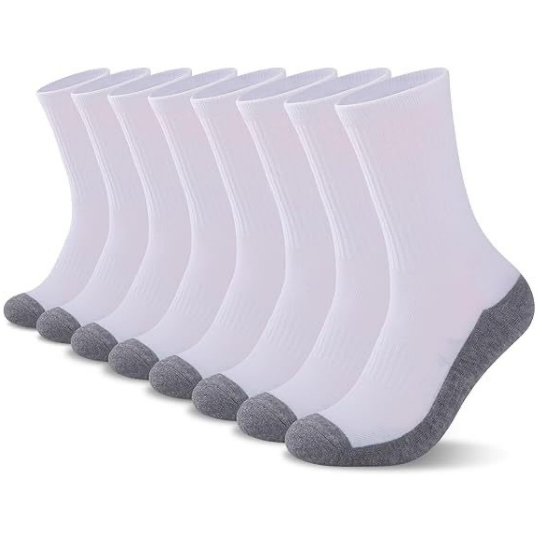 Six pairs of white ribbed crew socks with heather grey reinforced toe and heel panels